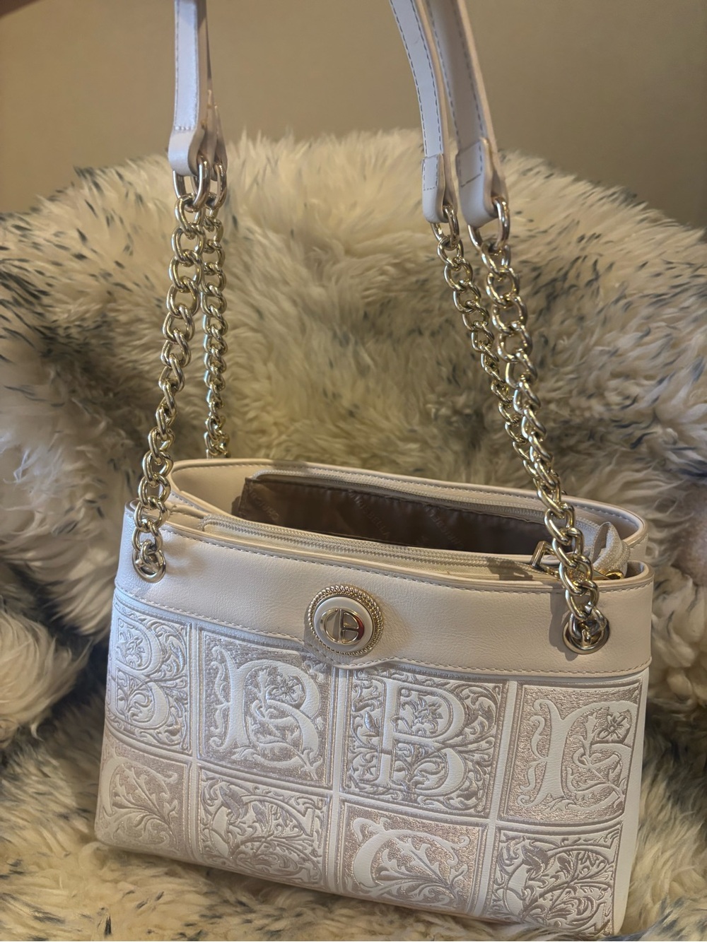 Chrisbella White Embossed Shoulder Bag | Chain Strap | Gold Hardware
